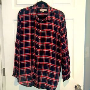 Loft - Navy Blue and Red Plaid Button Down Long Sleeve Shirt - Size L